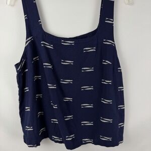 Womens Linen Blend Navy Tank Sz L Funky Fish Print Coastal Nautical Beach Marine